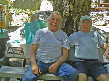 Doug Thompson and HPF director Stony Burk on the bench near the Whitney Portal Trailhead